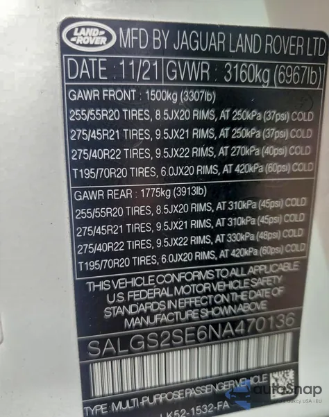 2022 Land Rover Range Rover Westminster Edition z USA, uszkodzony, nr VIN SALGS2SE6NA470136